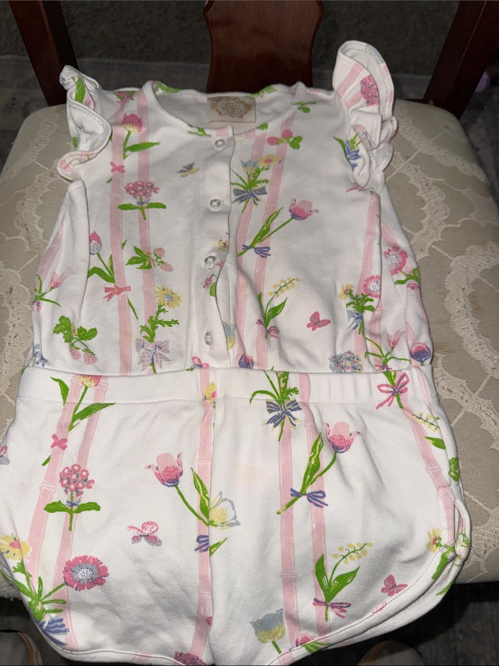 The Beaufort Bonnet Company White Romper with Pink Stripes & Floral Print